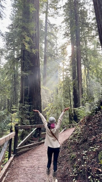 Picture of woman with back to camera reaching her arms up at the tall redwood trees surrounding her