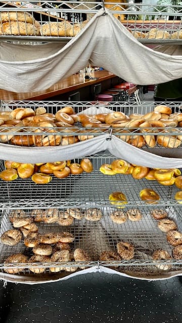 Photo of a wire rack with many types of bagels.