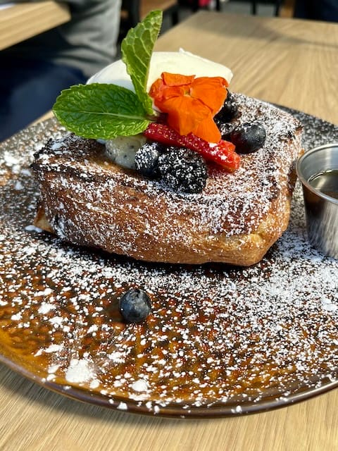 Photo of a plate of french toast with powdered sugar and fruit.