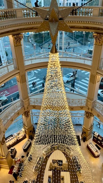 Picture of a lit up tree in the middle of a shopping center
